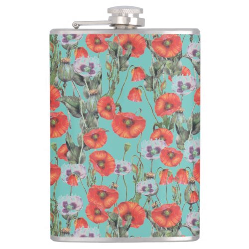 Red and Aqua Poppies Pattern  Flask