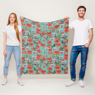 Red and Aqua Poppies Pattern Fleece Blanket