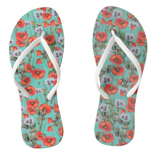 Red and Aqua Poppies Pattern Flip Flops