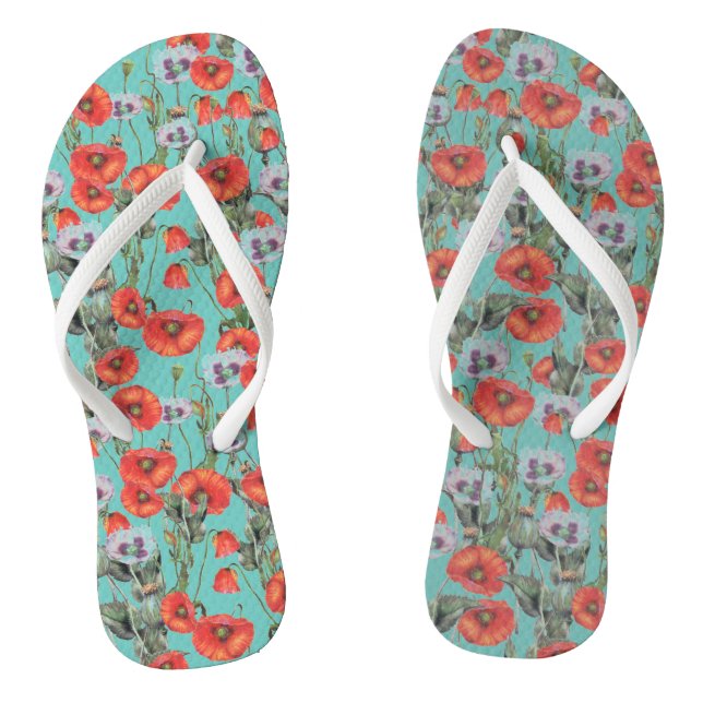 Red and Aqua Poppies Pattern   Flip Flops (Footbed)