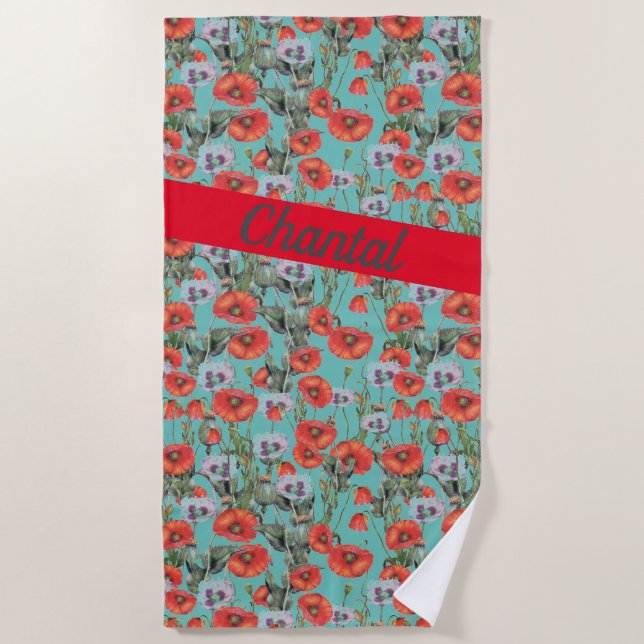 Red and Aqua Poppies Pattern Personalized Beach Towel (Front)