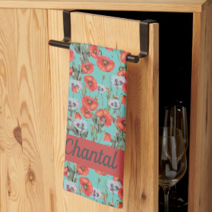 Red and Aqua Poppies Pattern Personalized Kitchen Towel