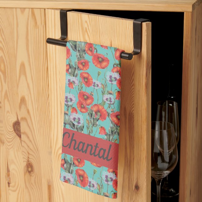 Red and Aqua Poppies Pattern Personalized  Kitchen Towel (Thirds Fold)