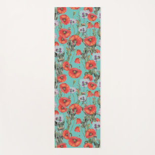 Red and Aqua Poppies Pattern Yoga Mat