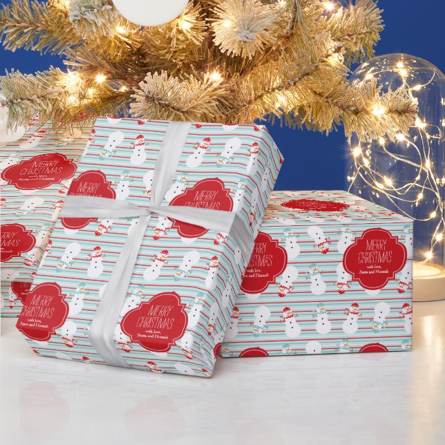 Red and Aqua Snowmen Personalized Holiday Wrapping Paper (Holidays)