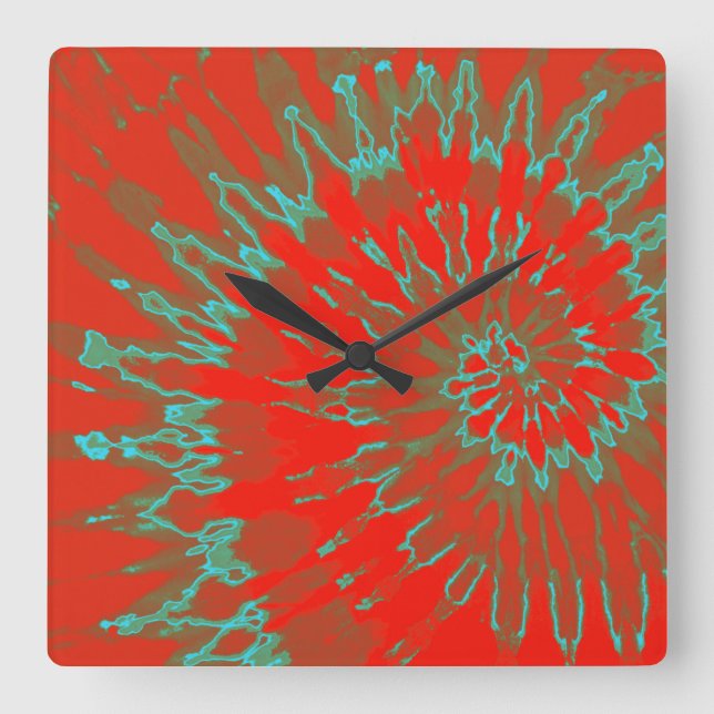 Red and Aqua Spiral Tie Dye Clock (Front)