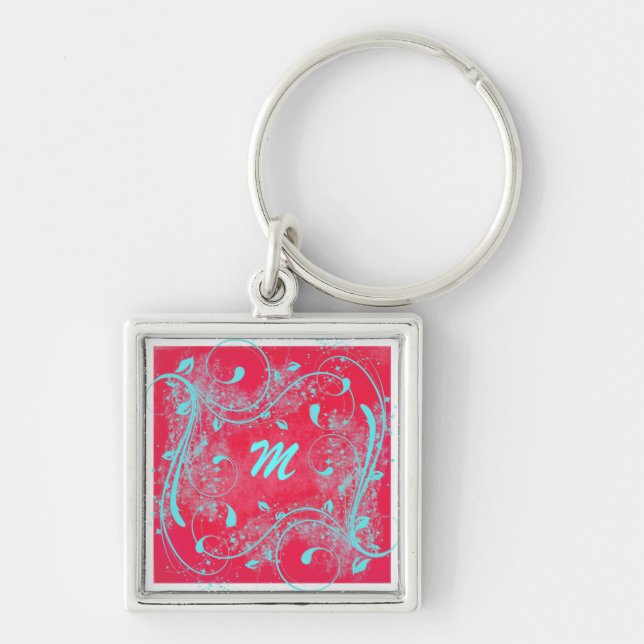 Red and Aqua Swirls Monogram Keychain (Front)