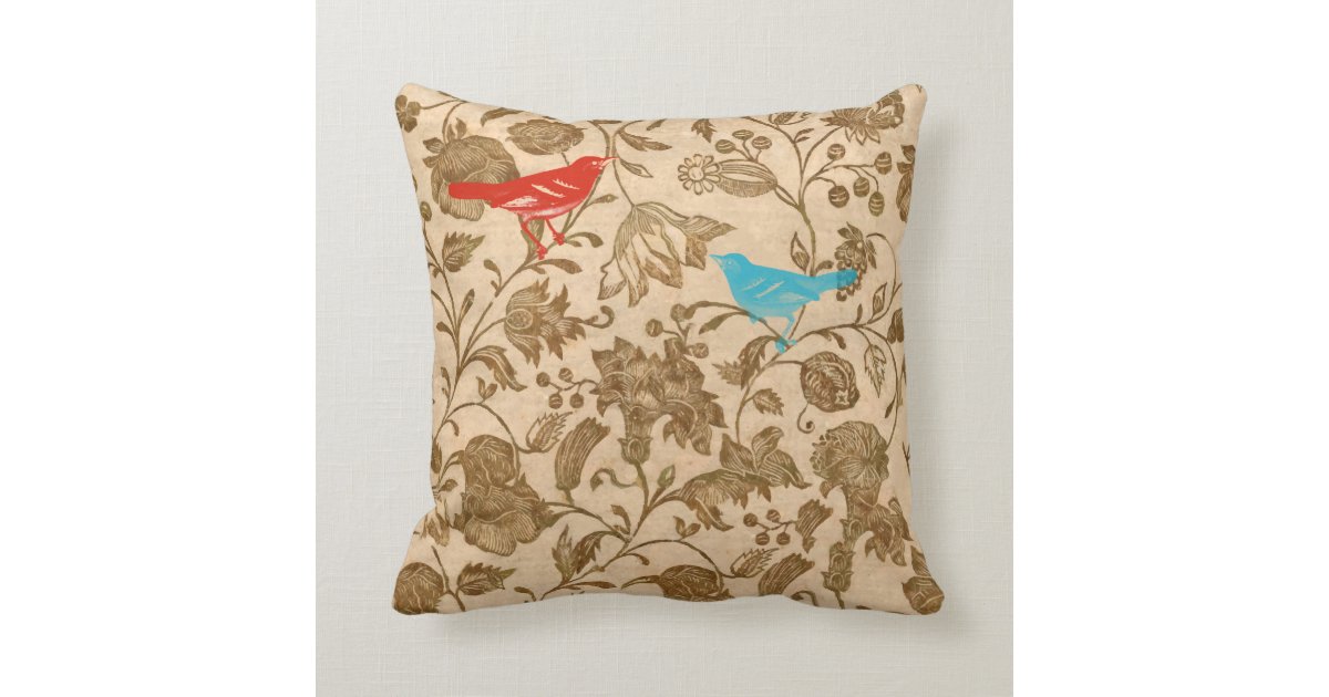 Red and Aqua Vintage Modern Floral Bird Pattern Throw Pillow Zazzle.com