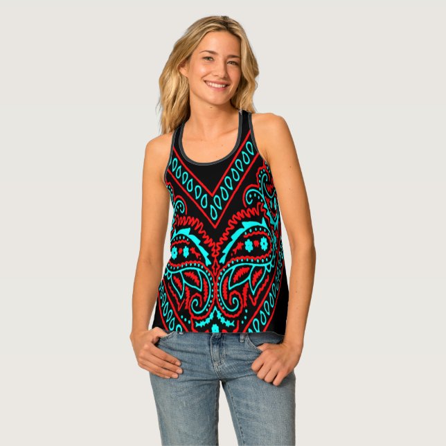 Red and Baby Blue Paisley Bandanna Image Tank Top (Front Full)