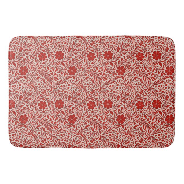 Red and Beige Bold Floral Pattern  Bath Mat (Front)