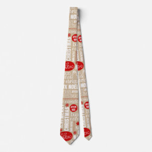 Red and Beige Christmas Sayings Languages Neck Tie