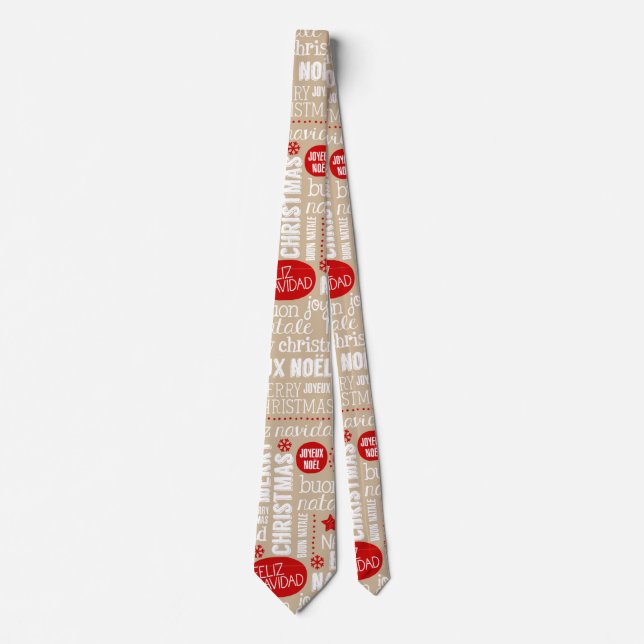 Red and Beige Christmas Sayings Languages Neck Tie (Front)