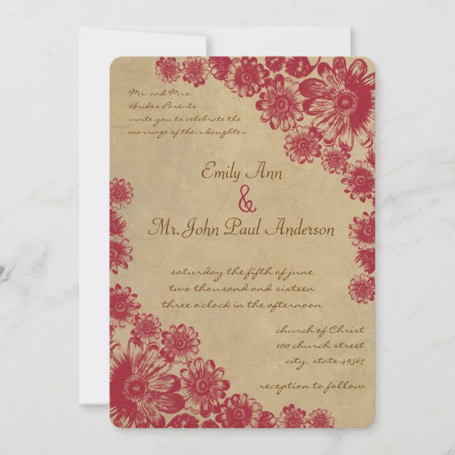 Red and Beige Daisy Tea Stained Wedding Invitation (Front)