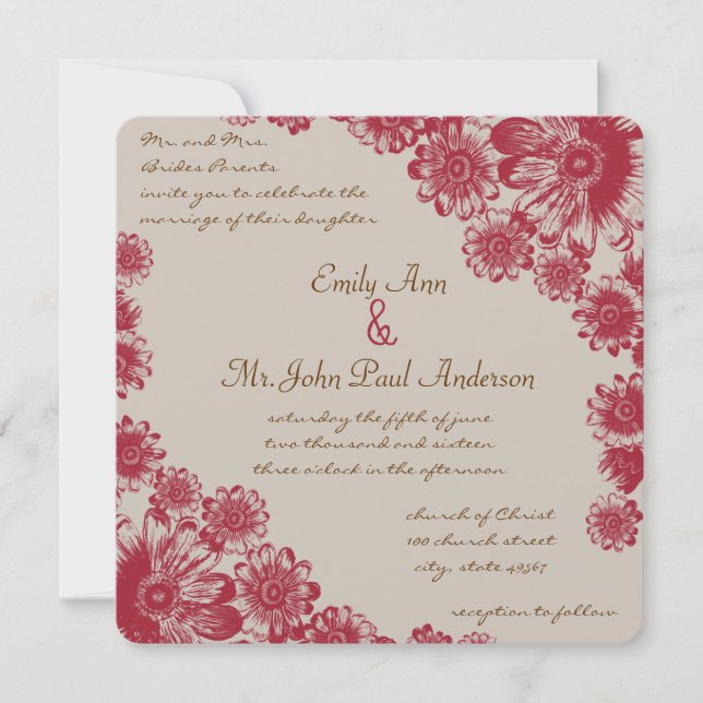 Red and Beige Daisy Wedding Invitations (Front)