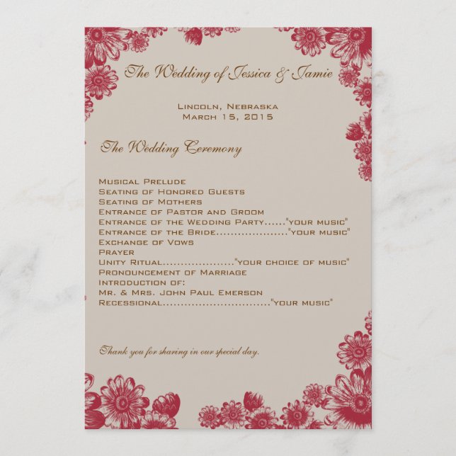 Red and Beige Daisy Wedding Program (Front)