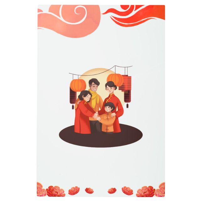 Red and Beige Happy Chinese Metal Wall Art (Front)