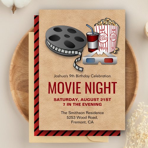 Red and Beige Movie Night Birthday Party Invite