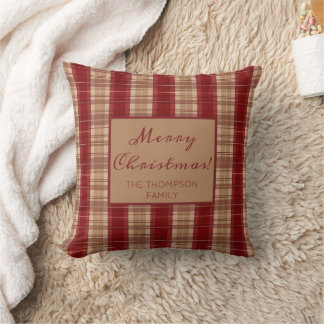 Red And Beige Plaid Pattern Custom Name Christmas Throw Pillow