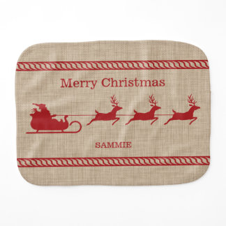 Red And Beige Santa Sleigh Christmas &amp; Custom Text Baby Burp Cloth
