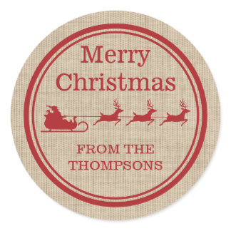 Red And Beige Santa Sleigh Christmas &amp; Custom Text Classic Round Sticker