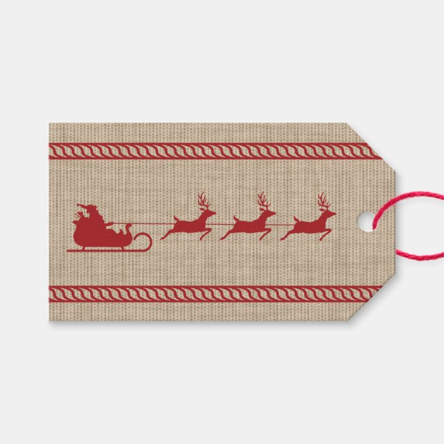 Red And Beige Santa Sleigh Christmas & Custom Text Gift Tags (Front (Horizontal))