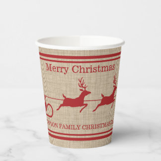 Red And Beige Santa Sleigh Christmas &amp; Custom Text Paper Cups