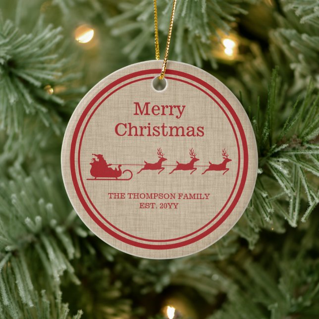 Red And Beige Santa Sleigh Christmas & Family Name Ceramic Ornament (Tree)