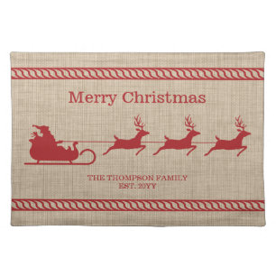 Red And Beige Santa Sleigh Christmas & Family Name Cloth Placemat