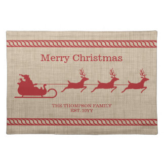 Red And Beige Santa Sleigh Christmas &amp; Family Name Cloth Placemat