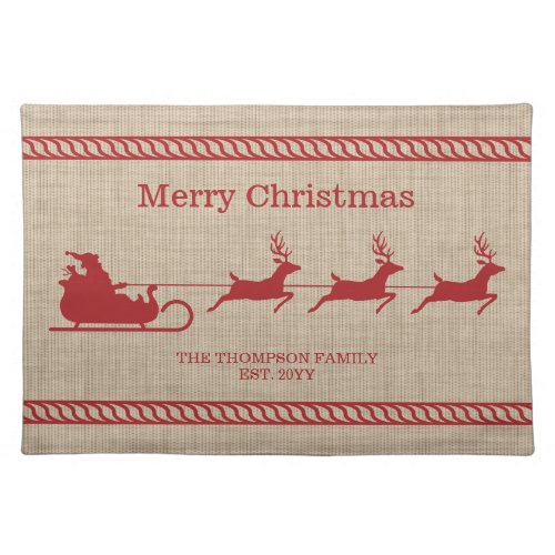 Red And Beige Santa Sleigh Christmas  Family Name Cloth Placemat