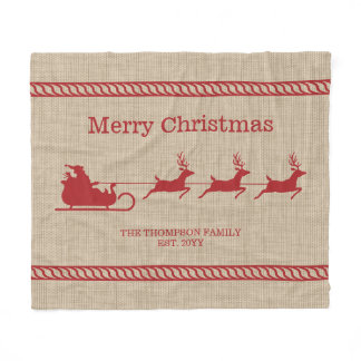 Red And Beige Santa Sleigh Christmas &amp; Family Name Fleece Blanket