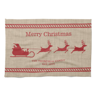 Red And Beige Santa Sleigh Christmas &amp; Family Name Kitchen Towel