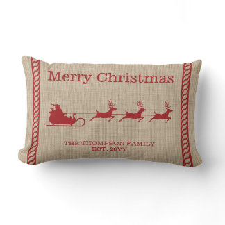Red And Beige Santa Sleigh Christmas &amp; Family Name Lumbar Pillow