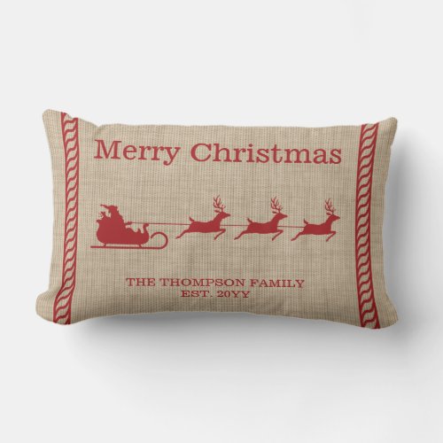 Red And Beige Santa Sleigh Christmas  Family Name Lumbar Pillow