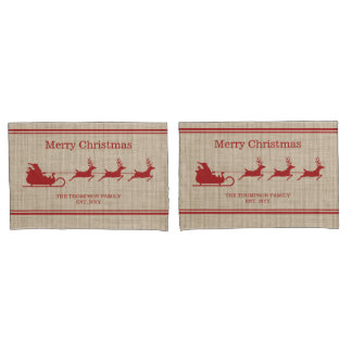 Red And Beige Santa Sleigh Christmas & Family Name Pillow Case