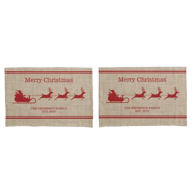 Red And Beige Santa Sleigh Christmas & Family Name Pillow Case (Front-Set)