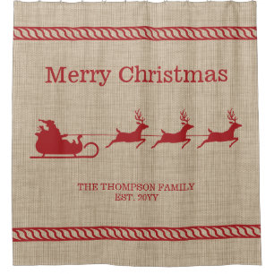 Red And Beige Santa Sleigh Christmas & Family Name Shower Curtain