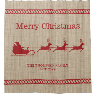 Red And Beige Santa Sleigh Christmas &amp; Family Name Shower Curtain