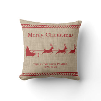 Red And Beige Santa Sleigh Christmas &amp; Family Name Throw Pillow