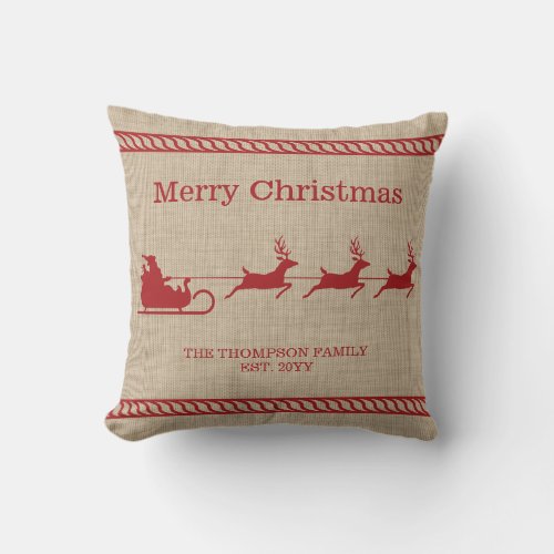 Red And Beige Santa Sleigh Christmas  Family Name Throw Pillow
