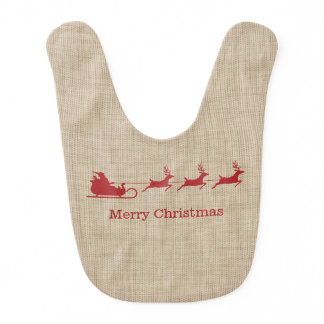 Red And Beige Santa Sleigh &amp; Merry Christmas Text Baby Bib