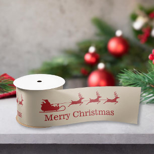 Red And Beige Santa Sleigh & Merry Christmas Text Satin Ribbon