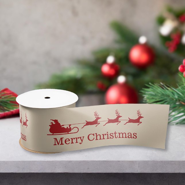 Red And Beige Santa Sleigh & Merry Christmas Text Satin Ribbon (Creator Uploaded)
