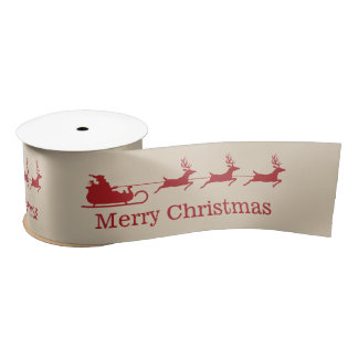Red And Beige Santa Sleigh &amp; Merry Christmas Text Satin Ribbon