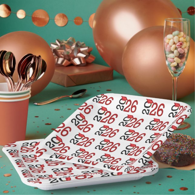 Red and Black 2026 Graduation Paper Plates (Multi)
