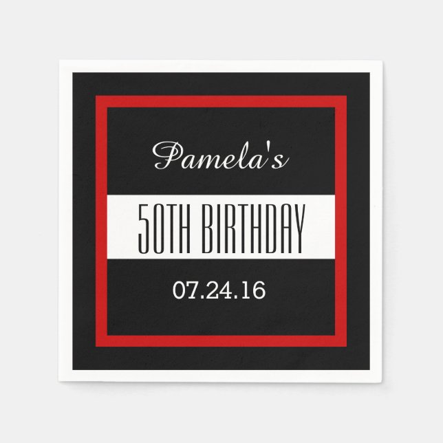 Red and Black 50th Birthday Custom V014 Napkins (Front)