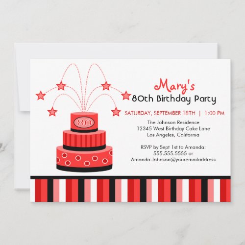 Red and Black 80th Birthday Cake Party Invitation