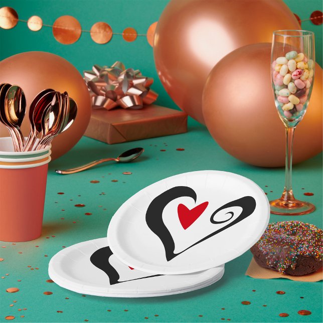 Red and Black Abstract Heart Modern Romantic Paper Plates (Creator Uploaded)
