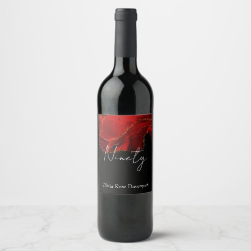 Red and Black Alcohol Ink 90th Birthday Party Wine Label