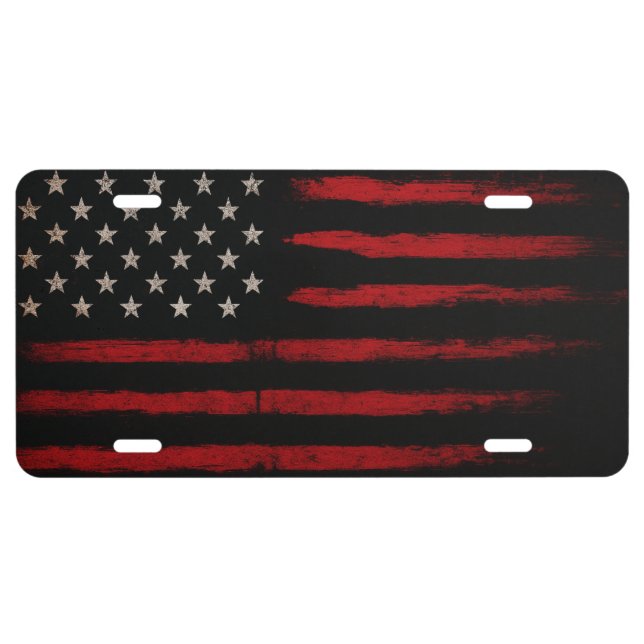 Red and Black American Flag | Distressed Grunge US License Plate (Front)